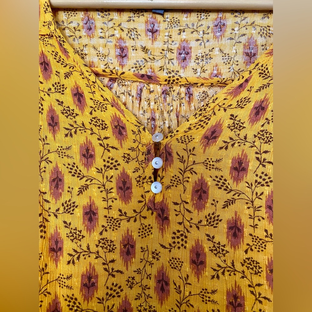 Haute Hippie Yellow Ikat Floral Flutter Sleeve Boho Blouse - Size L - Picture 5 of 8